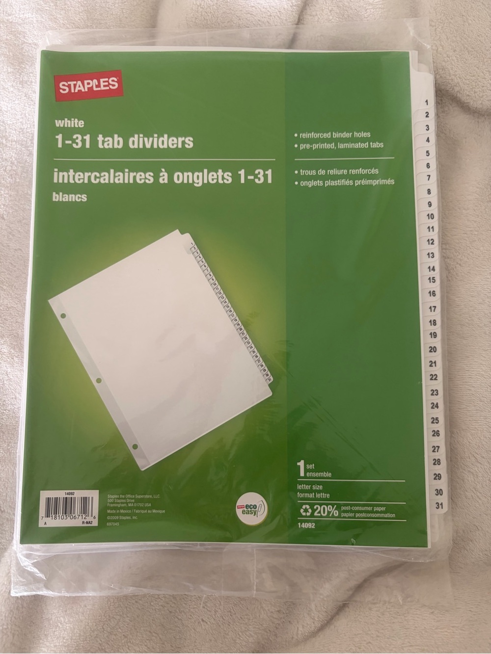 STAPLES White 1-31 Tab Dividers - Durable Laminated Index Tabs